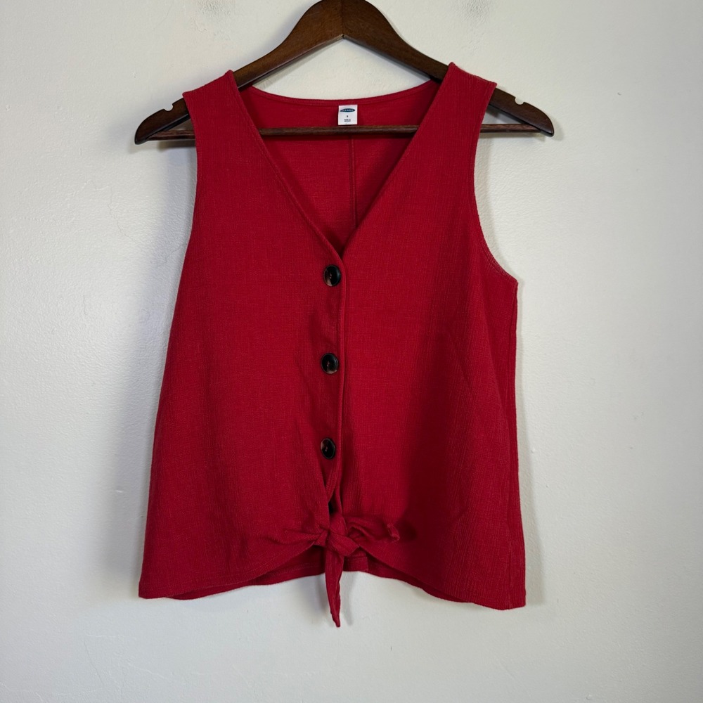 Old Navy Textured Tie-Front Button-Down Sleeveless Top Size Small Red